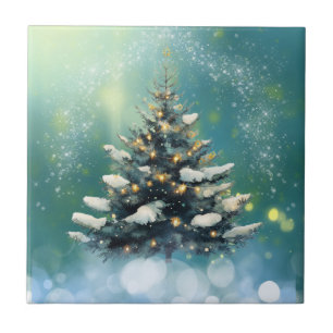 雪と金ゴールド灯の美しいクリスマスツリー タイル
