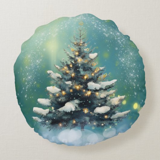 雪と金ゴールド灯の美しいクリスマスツリー ラウンドクッション (裏面)