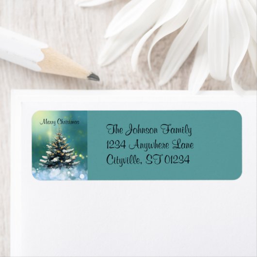 雪と金ゴールド灯の美しいクリスマスツリー ラベル (インサイチュ)