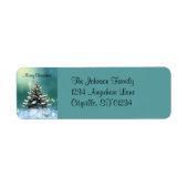 雪と金ゴールド灯の美しいクリスマスツリー ラベル (正面)