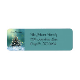 雪と金ゴールド灯の美しいクリスマスツリー ラベル