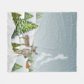 雪と鹿の居心地のよい冬の風景 フリースブランケット (正面(横))