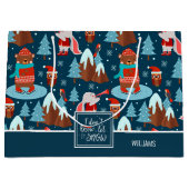 雪にかわいい動物名ブルークリスマス ラージペーパーバッグ (正面)