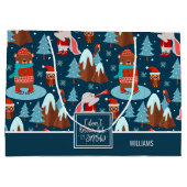 雪にかわいい動物名ブルークリスマス ラージペーパーバッグ (裏面)