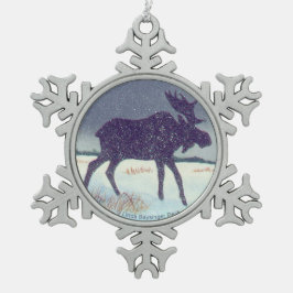 雪によって塵を払われるアメリカヘラジカの絵画 スノーフレークピューターオーナメント