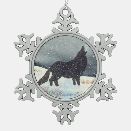 雪によって塵を払われるオオカミの水彩画 スノーフレークピューターオーナメント (正面)