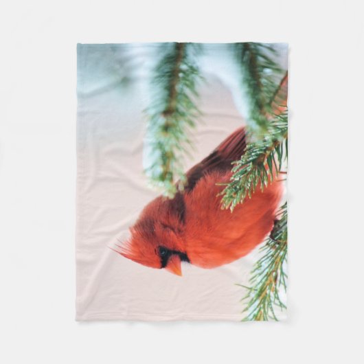 雪によって塵を払われるモミの木の（鳥）ショウジョウコウカンチョウ フリースブランケット (正面)