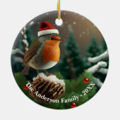 雪にカスタム覆われた木の上に愛らしいロビン セラミックオーナメント (裏面)