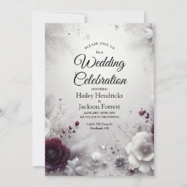 雪にキスされたプラムとアイボリーのフラワーの結婚式 招待状