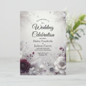 雪にキスされたプラムとアイボリーのフラワーの結婚式 招待状 (スタンド正面)