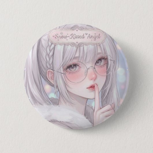 雪にキスされた天使のソフトな美意識アニメ少女のメガネ 缶バッジ (正面)