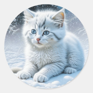 雪にパーソナライズされたふわふわ白い子猫 ラウンドシール