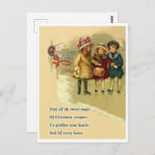 雪に乗った3人の女の子、詩とクリスマスグリーティング ポストカード (正面/裏面)