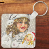 雪に人形をビクトリアン持つヴィンテージクリスマスガール キーホルダー (裏面)