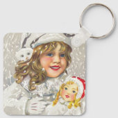 雪に人形をビクトリアン持つヴィンテージクリスマスガール キーホルダー (裏面)