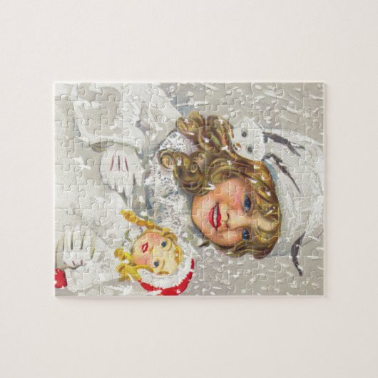 雪に人形をビクトリアン持つヴィンテージクリスマスガール ジグソーパズル (横)