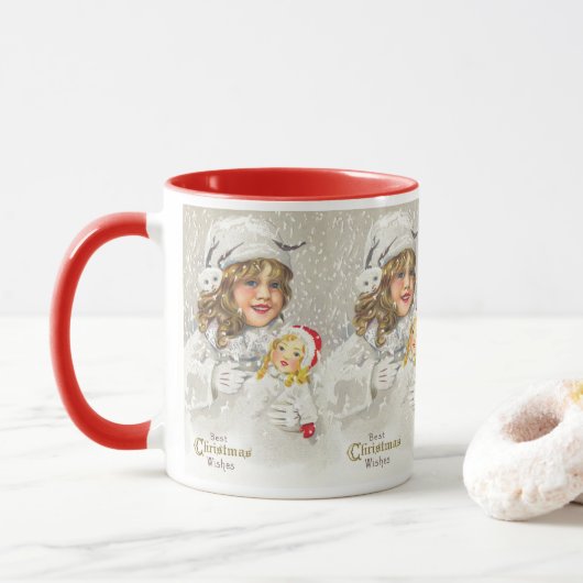 雪に人形をビクトリアン持つヴィンテージクリスマスガール マグカップ (ドーナツ)
