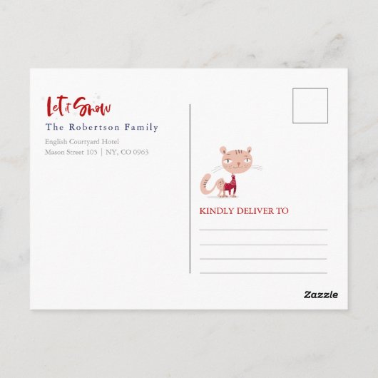 雪に包まれ、冬のセーターが可愛い猫 ポストカード (裏面)