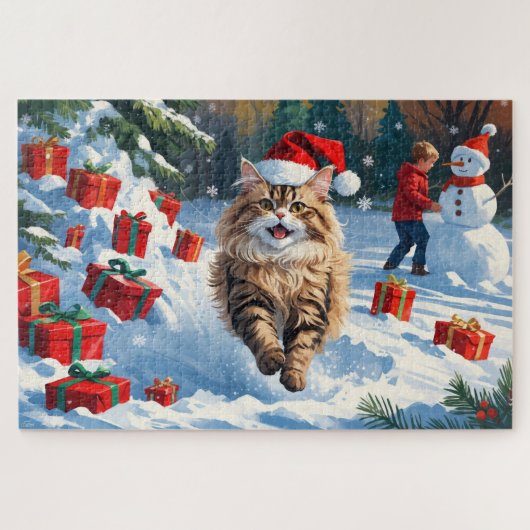 雪に座るペルシャ猫のクリスマスハット ジグソーパズル (横)