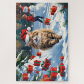 雪に座るペルシャ猫のクリスマスハット ジグソーパズル (縦)