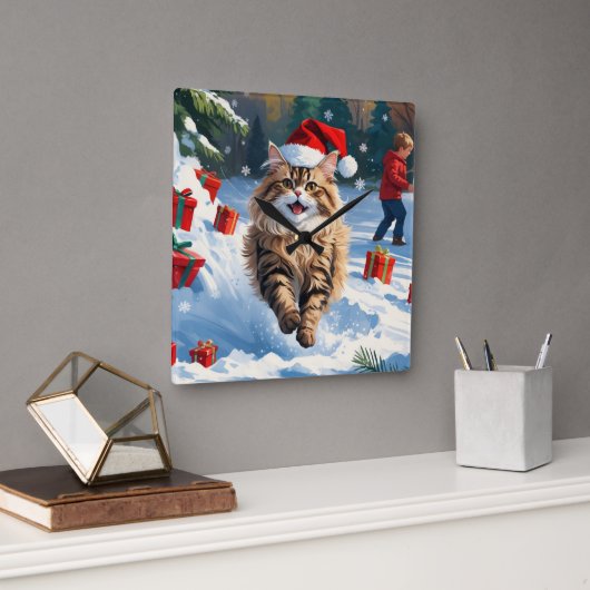 雪に座るペルシャ猫のクリスマスハット スクエア壁時計 (オフィス)