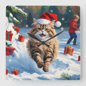 雪に座るペルシャ猫のクリスマスハット スクエア壁時計 (正面)