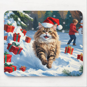 雪に座るペルシャ猫のクリスマスハット マウスパッド