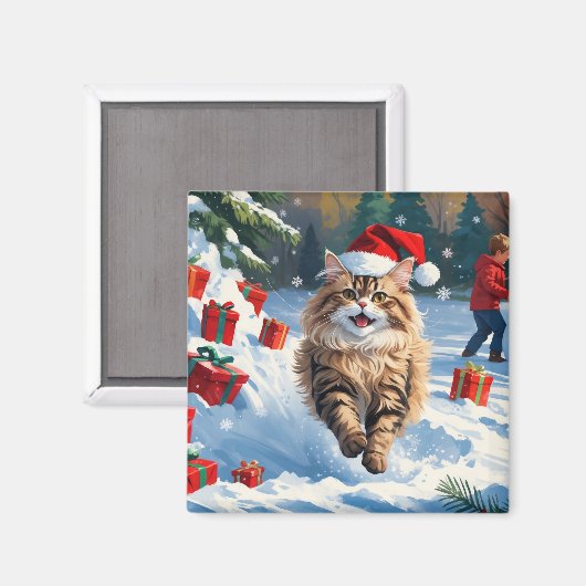 雪に座るペルシャ猫のクリスマスハット マグネット (正面/裏面)