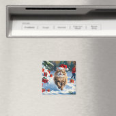 雪に座るペルシャ猫のクリスマスハット マグネット (インサイチュ (食洗機))