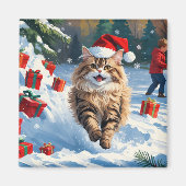 雪に座るペルシャ猫のクリスマスハット マグネット (正面)
