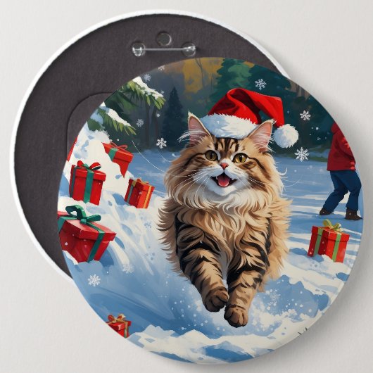 雪に座るペルシャ猫のクリスマスハット 缶バッジ (正面&裏面)
