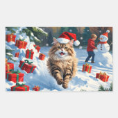 雪に座るペルシャ猫のクリスマスハット 長方形シール (正面)