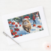 雪に座るペルシャ猫のクリスマスハット 長方形シール (封筒)