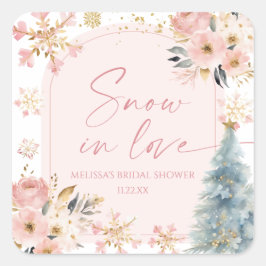 雪に恋する ピンクの雪の結晶 冬のブライダルシャワー スクエアシール