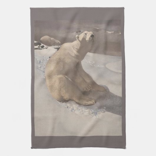 雪に横たわるホッキョクグマヴィンテージイラストレーション キッチンタオル (縦)