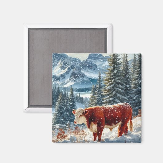 雪に牛を食べる冬の風景 マグネット (正面/裏面)