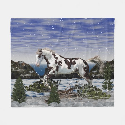 雪に積絵を描る栗と白の馬 フリースブランケット (正面(横))