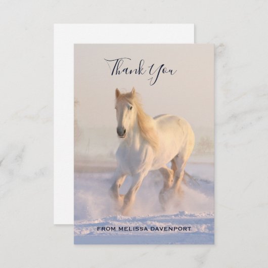 雪に美しい白ランニング馬の馬ありがとう サンキューカード (正面/裏面)