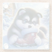 雪に覆われたウィンターブーツで遊ぶ子犬 ガラスコースター (裏面)