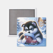 雪に覆われたウィンターブーツで遊ぶ子犬 マグネット (正面/裏面)