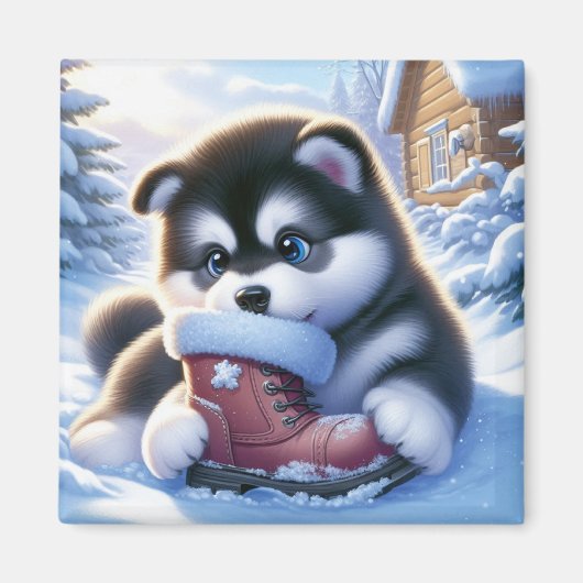 雪に覆われたウィンターブーツで遊ぶ子犬 マグネット (正面)