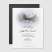 雪に覆われたカントリーの納屋とサイロの冬の結婚式 マグネット招待状 (正面/裏面)