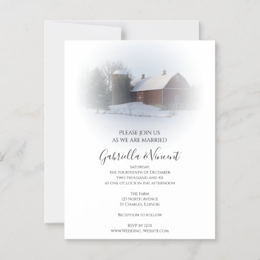 雪に覆われたカントリーの納屋とサイロの冬の結婚式 マグネット招待状 (正面)