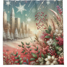 「雪に覆われたクリスマスの街並み」 シャワーカーテン