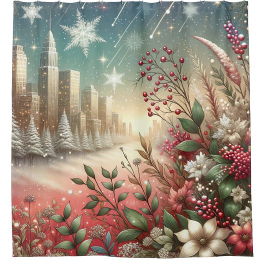 「雪に覆われたクリスマスの街並み」 シャワーカーテン (正面)