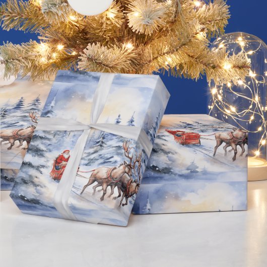 雪に覆われたクリスマスイブにサンタとトナカイが ラッピングペーパー (クリスマス)