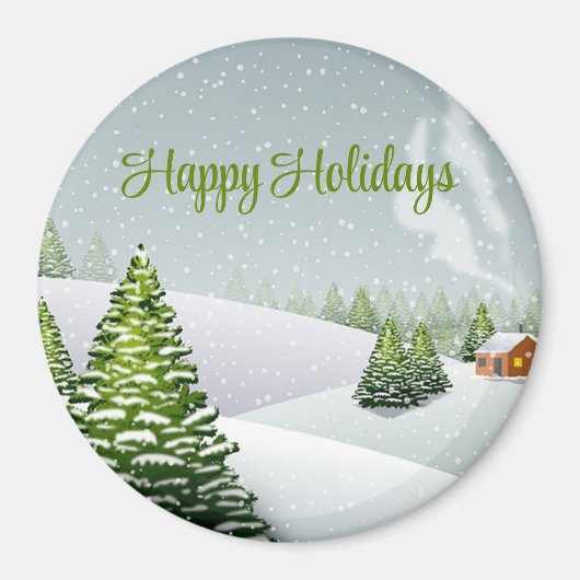 雪に覆われたクリスマスツリーのある冬の日 マグネット (正面)