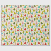 雪に覆われたクリスマスツリーの中のレトロ鹿 ラッピングペーパー (フラット)