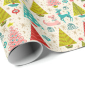 雪に覆われたクリスマスツリーの中のレトロ鹿 ラッピングペーパー (ロールコーナー)