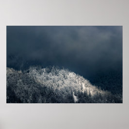 雪に覆われたトウヒの森の上の暗闇と太陽 ポスター